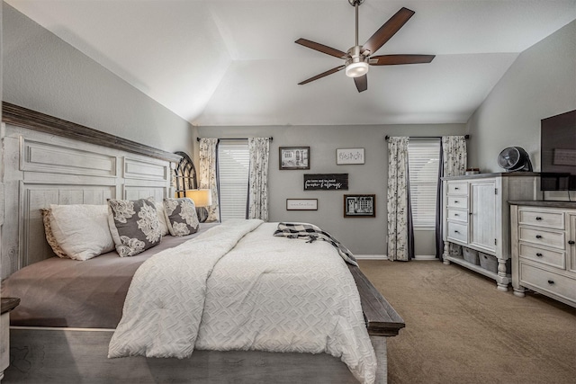 4818 Connor Dr, Baytown, TX 77521 - carpeted bedroom featuring vaulted ceiling, baseboards, and a ceiling fan