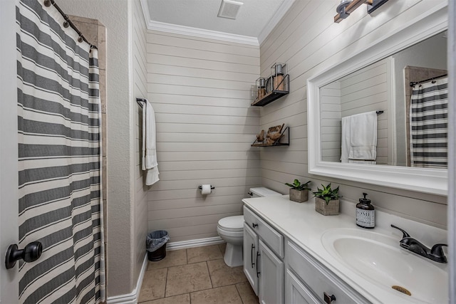 4818 Connor Dr, Baytown, TX 77521 - bathroom featuring ornamental molding, wood walls, toilet, vanity, and a shower with shower curtain