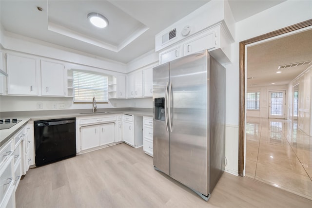 7838 Vickijohn Dr, Houston, TX 77071 - kitchen featuring black appliances, a sink, healthy amount of natural light, and open shelves