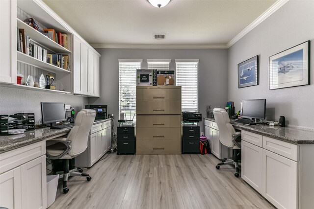 1753 Cranston Grove Dr, Dickinson, TX 77539 - office area with ornamental molding, light wood-type flooring, and built in desk