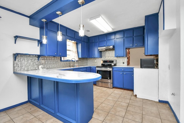 1207 Martingale Ct, Crosby, TX 77532 - kitchen featuring electric range, blue cabinets, a peninsula, open shelves, and light tile patterned flooring