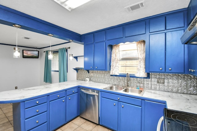 1207 Martingale Ct, Crosby, TX 77532 - kitchen with stainless steel dishwasher, a sink, a peninsula, decorative backsplash, and black range with electric stovetop