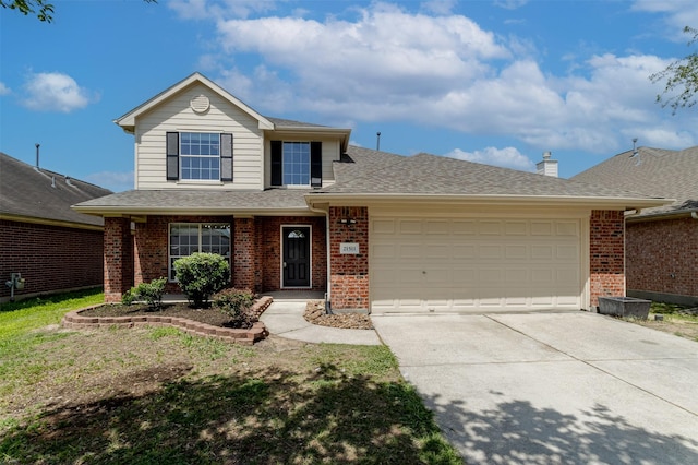 21511 Pepperberry Trl, Spring, TX 77388 - traditional-style house with brick siding, an attached garage, concrete driveway, a shingled roof, and a chimney