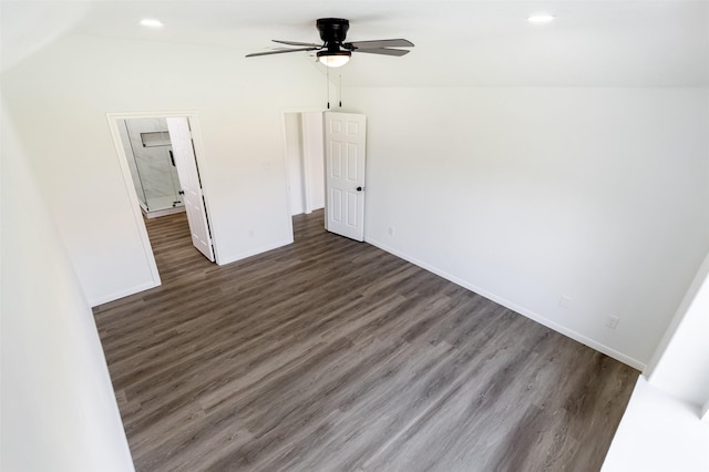 21511 Pepperberry Trl, Spring, TX 77388 - unfurnished bedroom with baseboards, dark wood-style flooring, recessed lighting, vaulted ceiling, and a ceiling fan