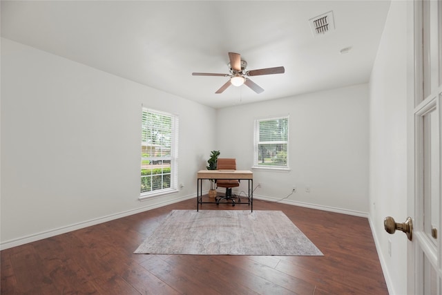 8223 Bairnsdale Ln, Houston, TX 77070 - home office with plenty of natural light, dark wood-style floors, and ceiling fan