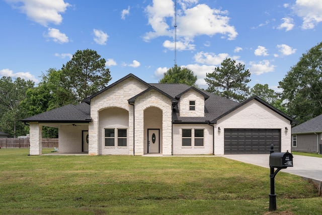 69 County Road 3668, Splendora, TX 77372 - french country inspired facade featuring concrete driveway, a garage, a ceiling fan, stone siding, and a shingled roof