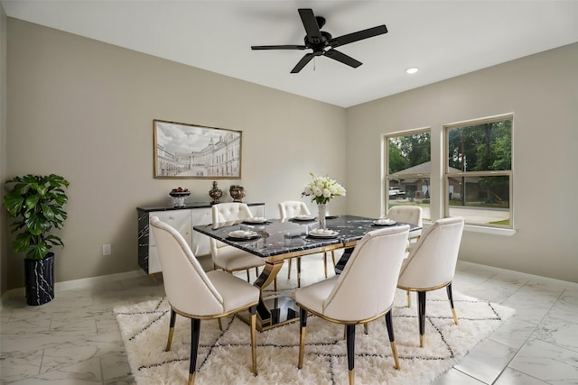 69 County Road 3668, Splendora, TX 77372 - dining area featuring light marble finish flooring, recessed lighting, baseboards, and a ceiling fan