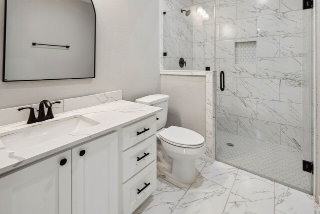 69 County Road 3668, Splendora, TX 77372 - bathroom with a shower stall, marble look tiles, vanity, and toilet