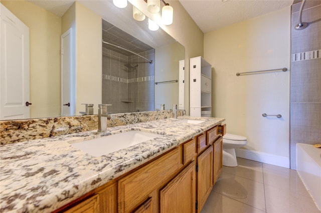 2815 Lakefield Way, Sugar Land, TX 77479 - bathroom with a tile shower, toilet, double vanity, a tub to relax in, and tile patterned flooring
