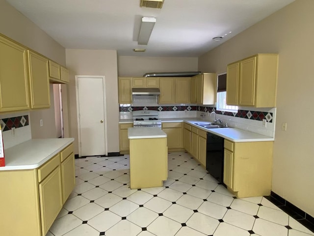 11830 Meadow Place Dr, Houston, TX 77071 - kitchen with white gas range, a sink, under cabinet range hood, black dishwasher, and light flooring