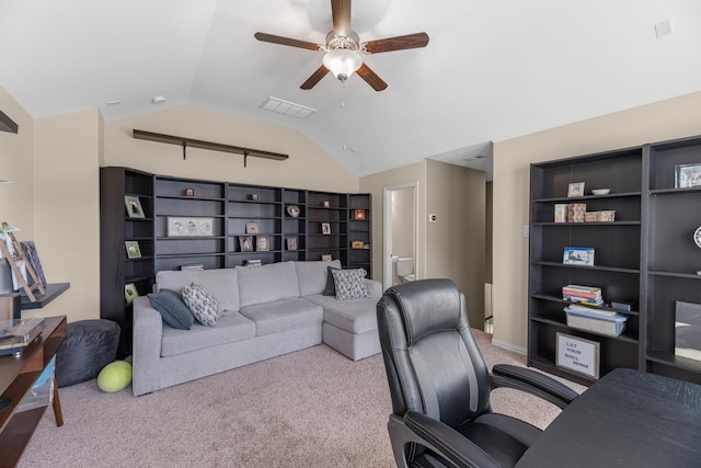 20735 Cactus Lake Ln, Richmond, TX 77407 - carpeted office space featuring lofted ceiling, a ceiling fan, and built in features