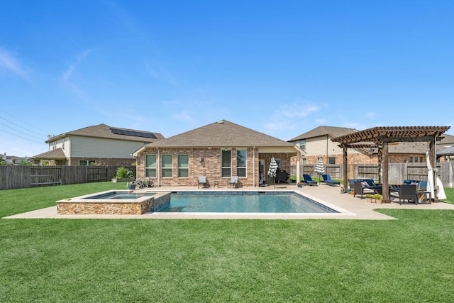 20735 Cactus Lake Ln, Richmond, TX 77407 - rear view of house featuring a pergola, a patio area, brick siding, a pool with connected hot tub, and outdoor lounge area
