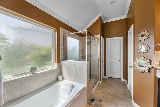 20735 Cactus Lake Ln, Richmond, TX 77407 - bathroom with ornamental molding, a stall shower, healthy amount of natural light, and a garden tub