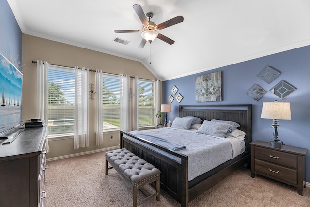 20735 Cactus Lake Ln, Richmond, TX 77407 - bedroom with light colored carpet, baseboards, lofted ceiling, a ceiling fan, and ornamental molding
