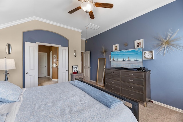 20735 Cactus Lake Ln, Richmond, TX 77407 - carpeted bedroom featuring baseboards, a ceiling fan, ornamental molding, and lofted ceiling