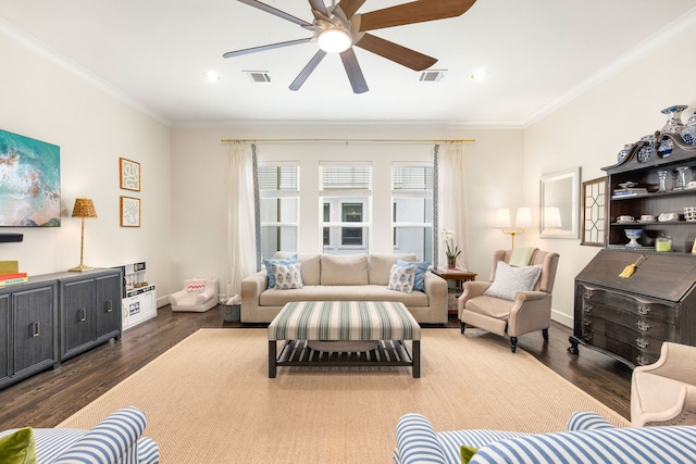 829 Wakefield Dr Unit A, Houston, TX 77018 - living room featuring dark wood-style flooring, a ceiling fan, ornamental molding, recessed lighting, and baseboards