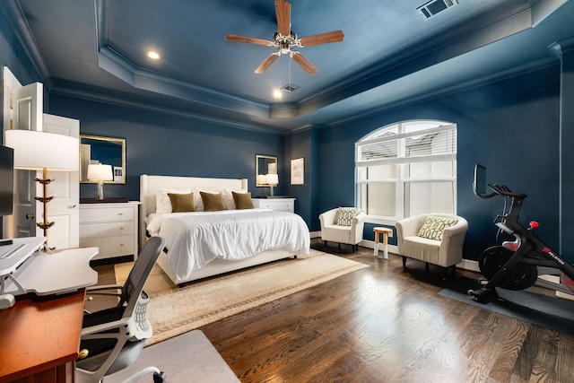 829 Wakefield Dr Unit A, Houston, TX 77018 - bedroom with crown molding, a raised ceiling, wood finished floors, baseboards, and ceiling fan