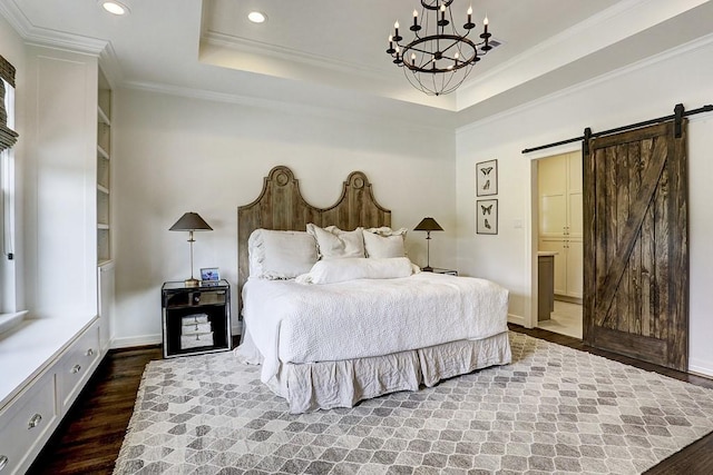5326 Windswept Ln, Houston, TX 77056 - bedroom with wood finished floors, a barn door, recessed lighting, a chandelier, and ornamental molding