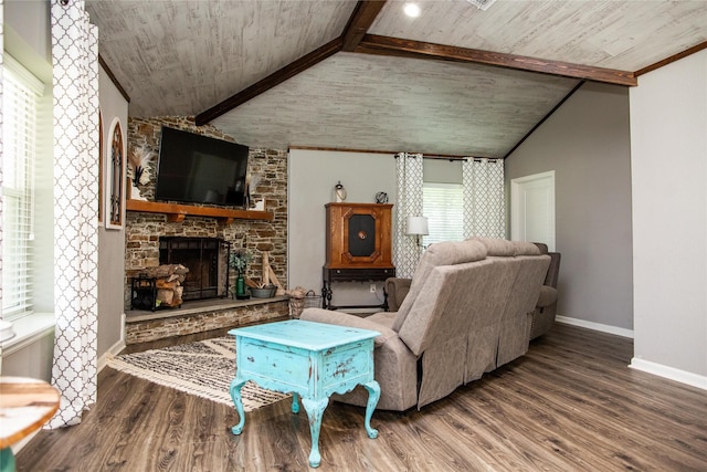 14902 Bernard Timbers Dr, East Bernard, TX 77435 - living room featuring wood finished floors, baseboards, a stone fireplace, and wood ceiling