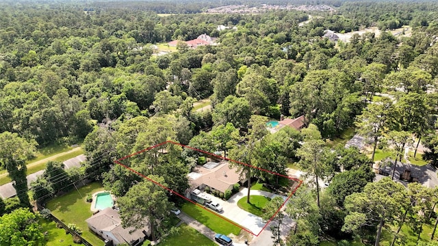 13111 Oak Plaza Dr, Cypress, TX 77429 - aerial overview of property's location with a heavily wooded area and property boundaries highlighted