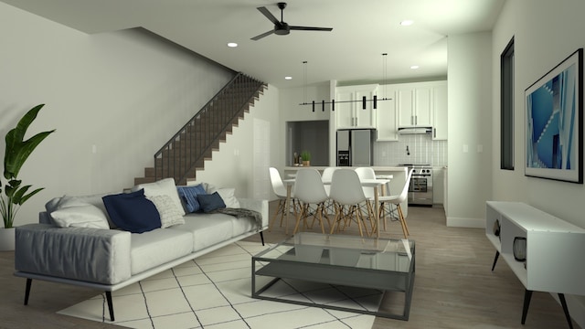4008 Bennington St, Houston, TX 77016 - living area with ceiling fan, stairway, and recessed lighting