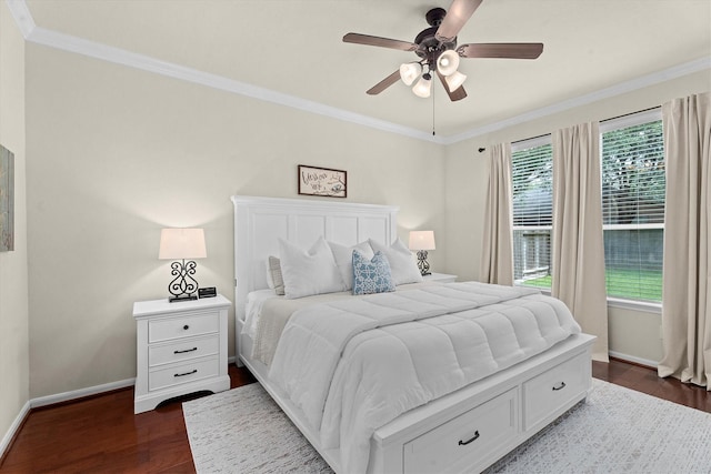 16810 Tranquility Park Dr, Cypress, TX 77429 - bedroom featuring dark wood-style floors, baseboards, ornamental molding, and ceiling fan