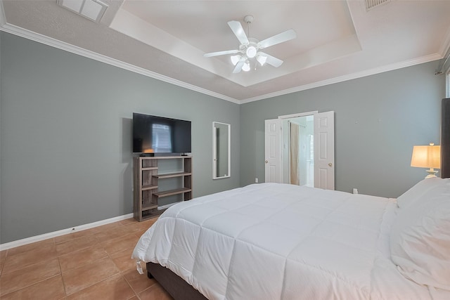21122 Lilac Meadows Ln, Richmond, TX 77407 - tiled bedroom with a raised ceiling, baseboards, ceiling fan, and ornamental molding