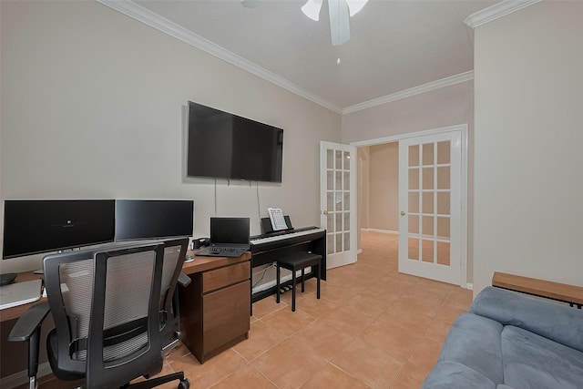 21122 Lilac Meadows Ln, Richmond, TX 77407 - office space featuring french doors, ornamental molding, ceiling fan, light tile patterned flooring, and baseboards