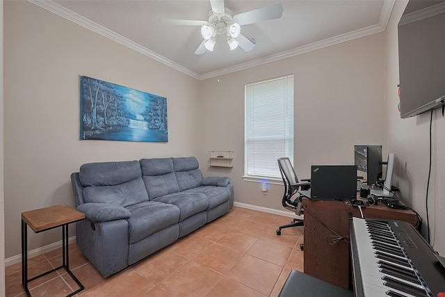 21122 Lilac Meadows Ln, Richmond, TX 77407 - home office featuring crown molding, a ceiling fan, light tile patterned floors, and baseboards