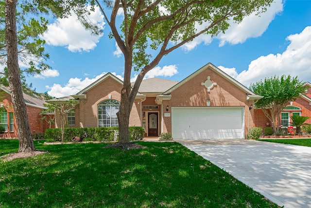 21122 Lilac Meadows Ln, Richmond, TX 77407 - single story home with brick siding, an attached garage, a front yard, and concrete driveway