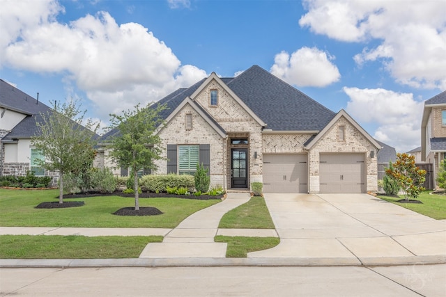 29706 Juniper Ranch Rd, Fulshear, TX 77441 - french provincial home with brick siding, a front yard, concrete driveway, and a shingled roof