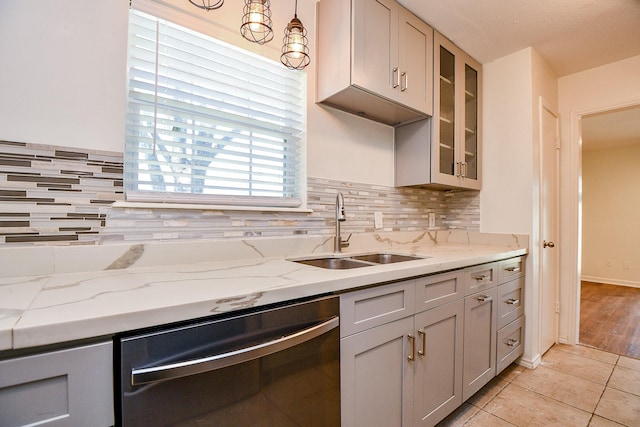 500 N Post Oak Ln, Houston, TX 77024 - kitchen with dishwasher, a sink, glass insert cabinets, decorative backsplash, and light tile patterned floors