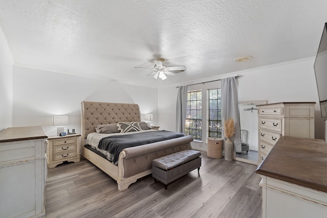 22338 Prince George St, Katy, TX 77449 - bedroom featuring light wood finished floors, a textured ceiling, ceiling fan, and ornamental molding