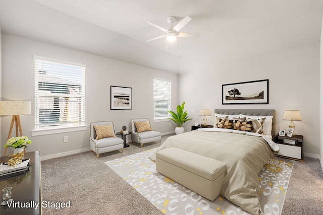 7438 Victoria Brook Trce, Richmond, TX 77407 - carpeted bedroom with baseboards, vaulted ceiling, and ceiling fan