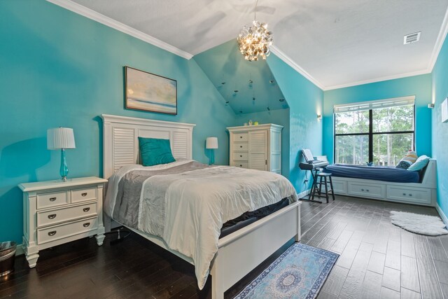 28842 Lakeside Grn, Magnolia, TX 77355 - bedroom with hardwood / wood-style floors, ornamental molding, a chandelier, baseboards, and vaulted ceiling