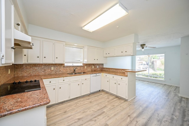 7735 Quail Meadow Dr, Houston, TX 77071 - kitchen with white dishwasher, black electric stovetop, under cabinet range hood, a peninsula, and backsplash