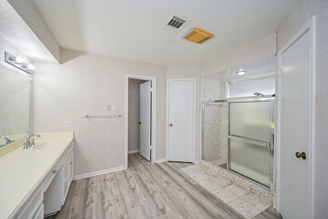 7735 Quail Meadow Dr, Houston, TX 77071 - bathroom with vanity, wood finished floors, and a shower with door