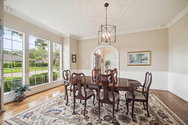 51 Dartmoor Ct, Sugar Land, TX 77479 - dining room featuring plenty of natural light, arched walkways, a chandelier, ornamental molding, and wood finished floors
