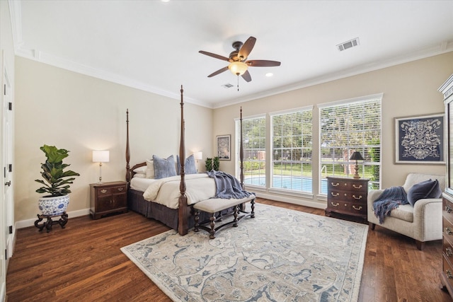 51 Dartmoor Ct, Sugar Land, TX 77479 - bedroom with dark wood-style flooring, crown molding, a ceiling fan, baseboards, and recessed lighting