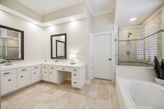 51 Dartmoor Ct, Sugar Land, TX 77479 - full bathroom featuring crown molding, a tub with jets, double vanity, tiled shower, and recessed lighting