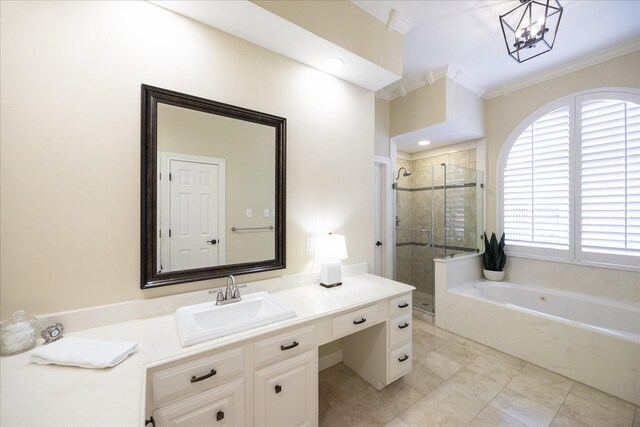 51 Dartmoor Ct, Sugar Land, TX 77479 - full bath featuring a garden tub, a shower stall, vanity, crown molding, and tile patterned floors
