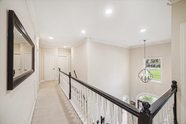 51 Dartmoor Ct, Sugar Land, TX 77479 - hall featuring an upstairs landing, a chandelier, recessed lighting, crown molding, and baseboards