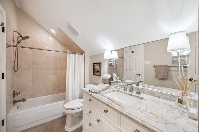 51 Dartmoor Ct, Sugar Land, TX 77479 - full bath featuring lofted ceiling, vanity, shower / bathtub combination with curtain, toilet, and tile patterned floors