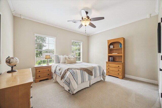 51 Dartmoor Ct, Sugar Land, TX 77479 - bedroom featuring crown molding, light carpet, baseboards, and a ceiling fan