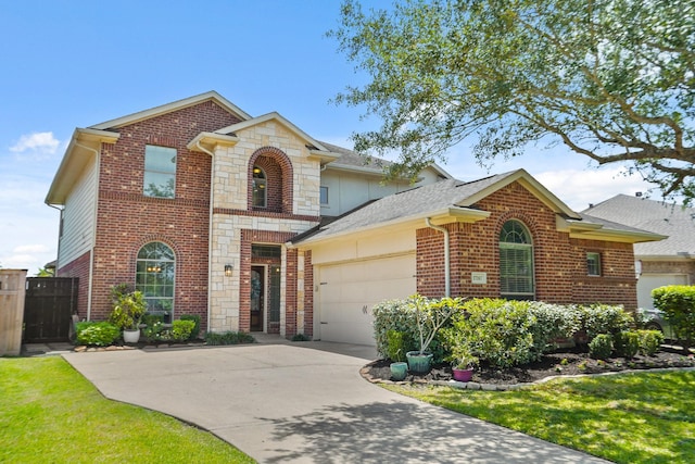 traditional-style home with stone siding, an attached garage, driveway, brick siding, and fence