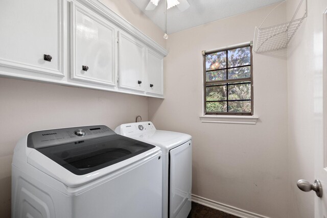 12923 Hunterfield Dr, Cypress, TX 77429 - washroom with washing machine and clothes dryer, cabinet space, a ceiling fan, and baseboards