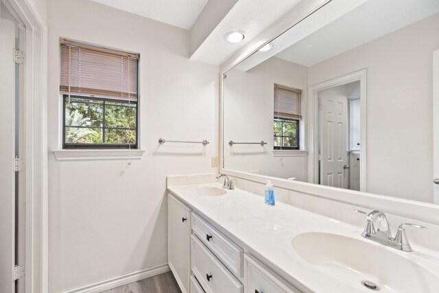 12923 Hunterfield Dr, Cypress, TX 77429 - full bath featuring healthy amount of natural light, double vanity, baseboards, and wood finished floors