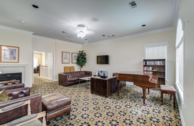 2111 Welch St Unit A110, Houston, TX 77019 - office area featuring baseboards, crown molding, and a ceiling fan