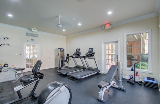 2111 Welch St Unit A110, Houston, TX 77019 - gym featuring baseboards, crown molding, healthy amount of natural light, and recessed lighting