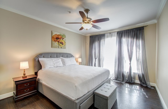 2111 Welch St Unit A110, Houston, TX 77019 - bedroom with multiple windows, baseboards, crown molding, dark wood-style flooring, and a ceiling fan